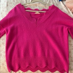 Eesome Fuchsia V-Neck Sweater with Scalloped Hem